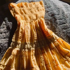 Yellow Strapless Tiered Midi Dress